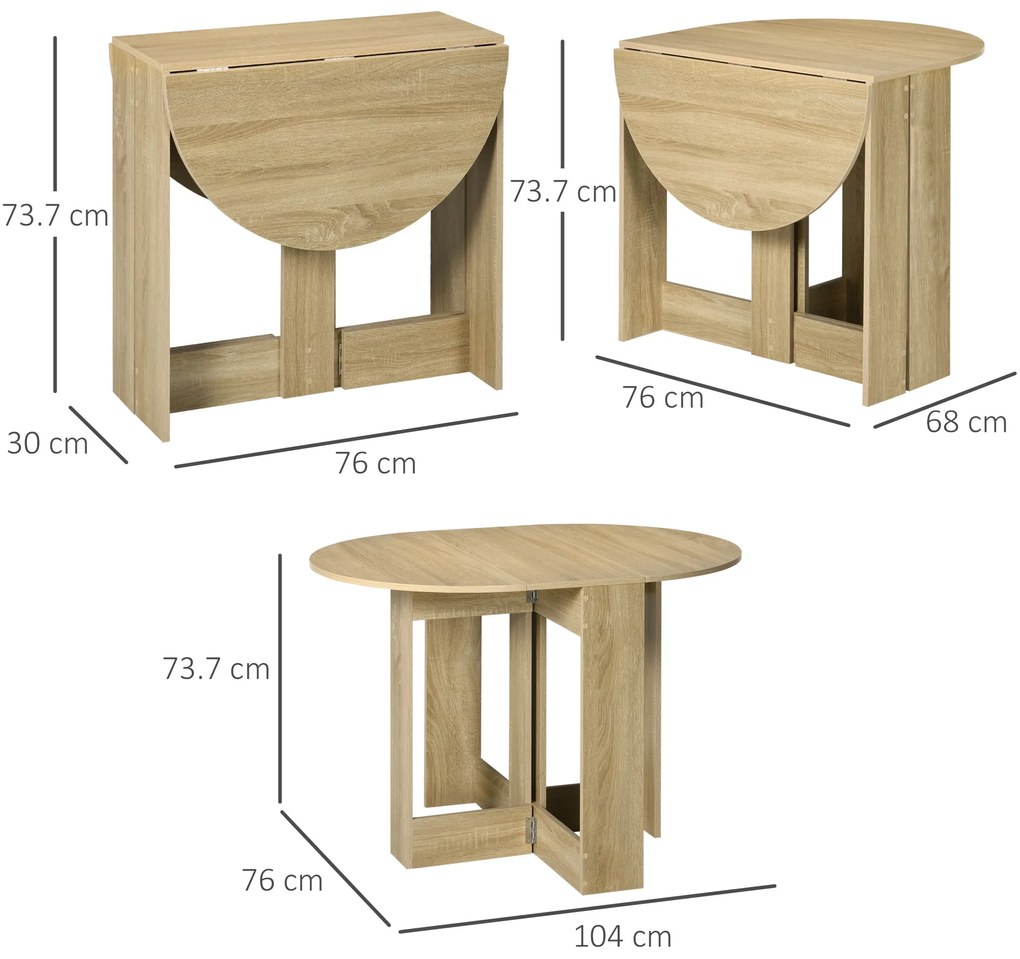 HOMCOM Masă Pliantă cu 2 Extensii Rabatabile, Masă Extensibilă cu Spațiu de Economisire, 104x76x73,7 cm, Lemn Natural | Aosom Romania