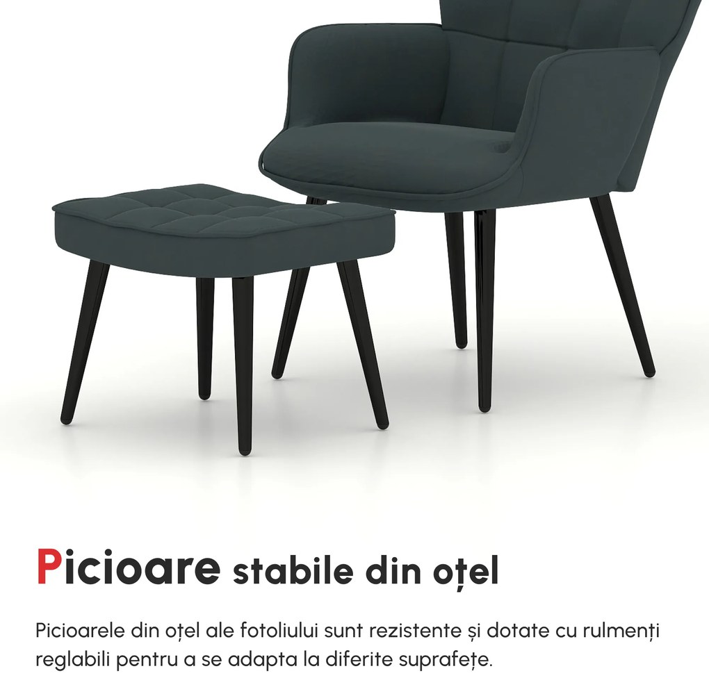 HOMCOM Fotoliu Tapițat pentru Interior cu Brațe și Taburet Integrat, Fotoliu pentru Sufragerie din Țesătură, 73x77.5x98 cm, Gri Închis | Aosom Romania