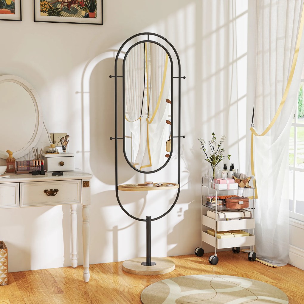 HOMCOM Oglindă de tip stand ovală cu suport de lemn, 4 cârlige și cadru metalic, 50 x 40 x 175,5 cm, negru | Aosom Romania
