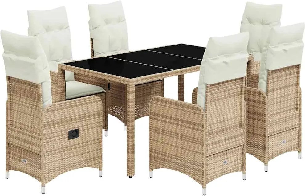 vidaXL Set bistro de grădină, 7 piese, cu perne, bej, poliratan