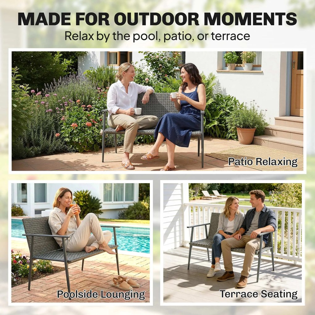 Outsunny Bancă de grădină 2 locuri din rășină împletită și oțel, cu cotiere, spătare și picioare reglabile, 110x58x78cm, gri | Aosom Romania