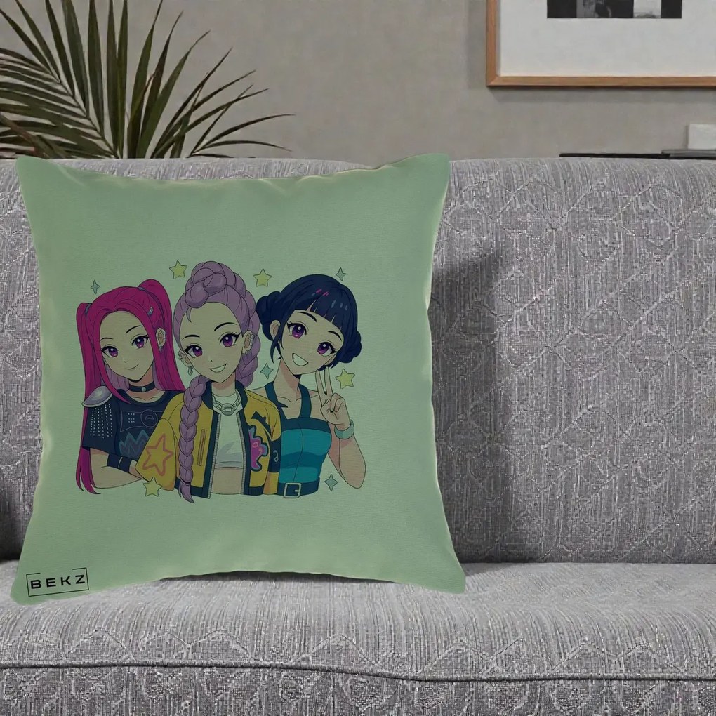 Perna Personalizata K-pop HUNTRX Trio Anime Stele, 40x40 cm, Verde, Husa Detasabila, Perna Inclusa, BEKZ®