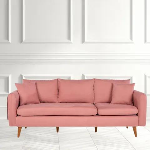 Canapea cu 3 locuri ZAYLEE, Roz pudrat, 215x91x85 cm, Stofa catifelată, Stil modern, Living/Sala de asteptare/Birou