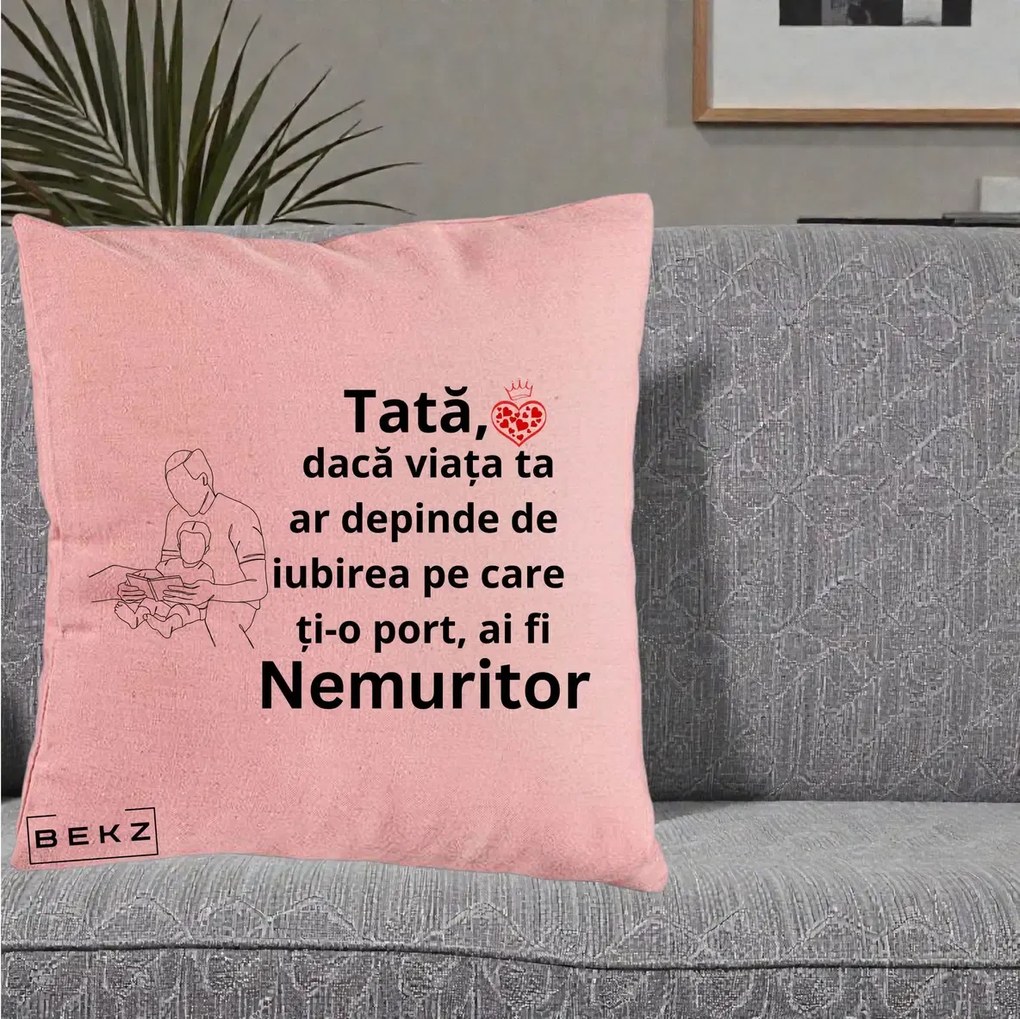 Cadou pentru Tata - Perna Personalizata Tata Nemuritor Lectura, 40x40 cm, Roz, Husa Detasabila, Perna Inclusa, BEKZ®