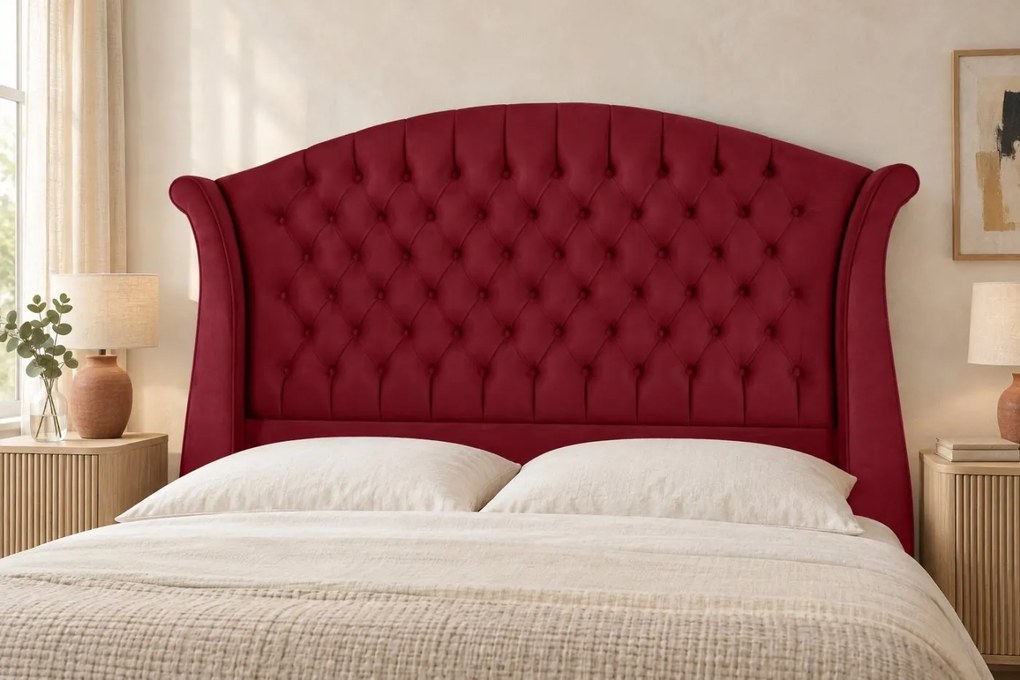 Pat tapițat Chesterfield din catifea Sorella Simple 140×200 cm, vișiniu, cu ladă de depozitare