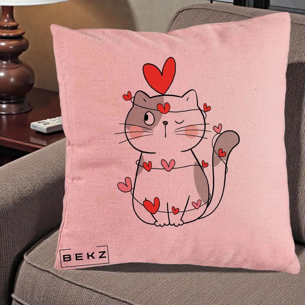 Perna Decorativa Pisica Kawaii cu Inimi, 40x40 cm, Roz, Husa Detasabila, Perna Inclusa, BEKZ®