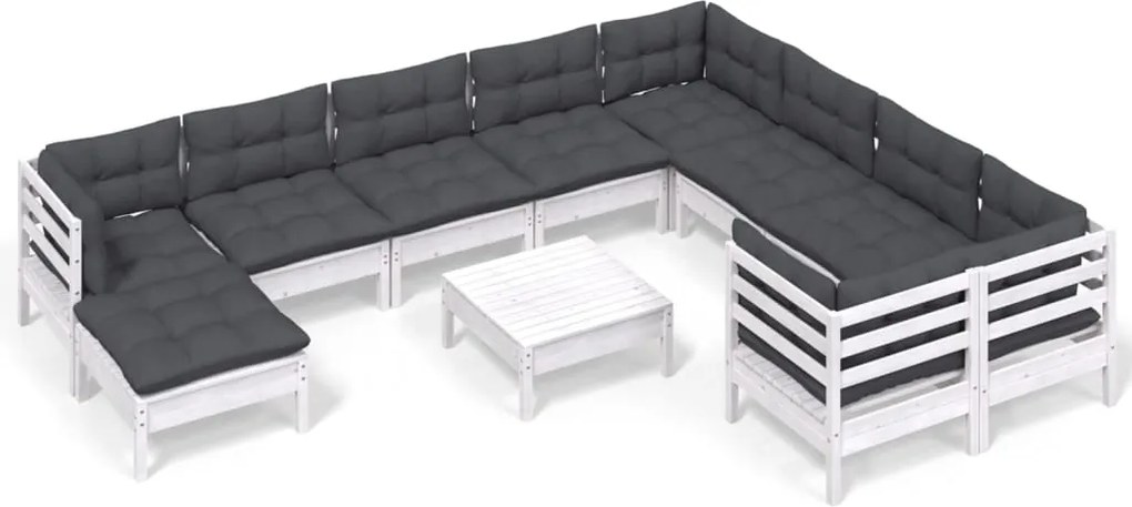 vidaXL Set de șezlonguri de grădină cu perne 11 piese alb lemn de pin