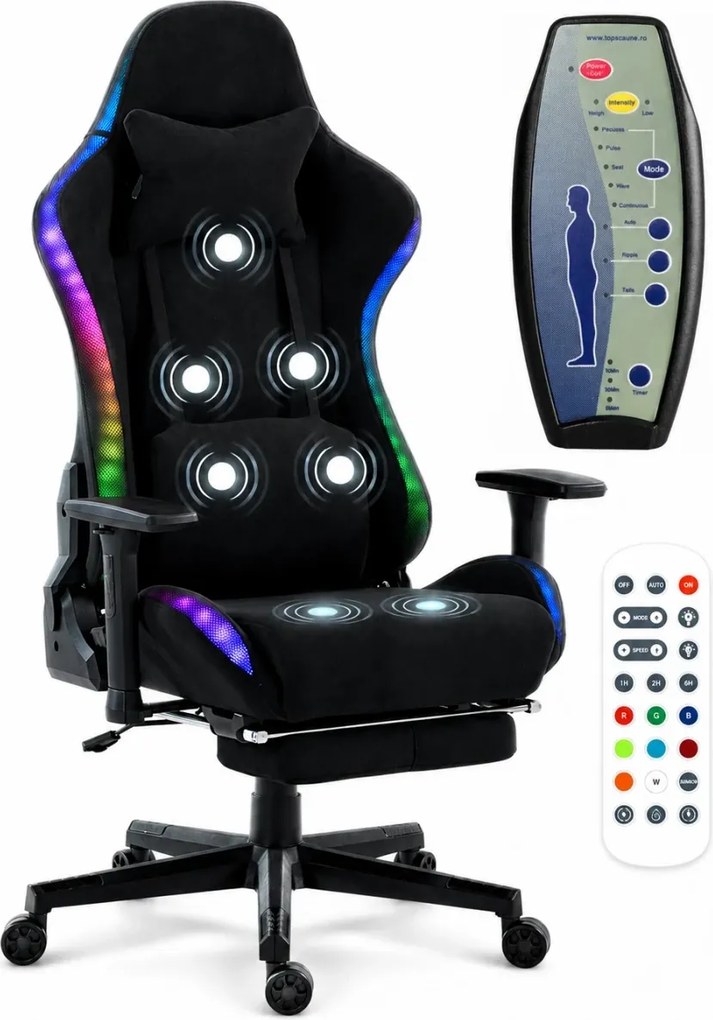 RESIGILAT- Scaun Gaming cu Masaj 7 Puncte și Încălzire, RGB, Iluminare LED Multicolor, Telecomenzi, Cotiere 3D, Reclinare 180°, Suport Picioare, Catifea, Negru