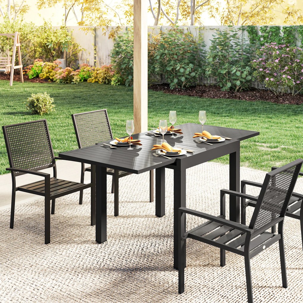 Outsunny Masă de Grădină Extensibilă pentru 4-6 Persoane 80/160x80 cm, Masă de Prânz pentru Exterior din Aluminiu cu Blat Lamelar, pentru Terasă, Balcon, Negru | Aosom Romania