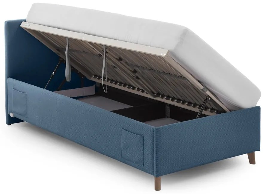 Pat pentru copii albastru tapițat cu spațiu de depozitare cu somieră 90x200 cm Cool – Meise Möbel