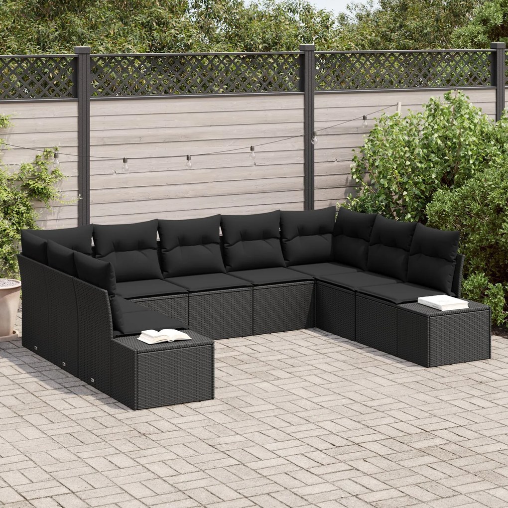 vidaXL Set de canapele pentru grădină cu pernă 9 pcs Negru Rattan poli