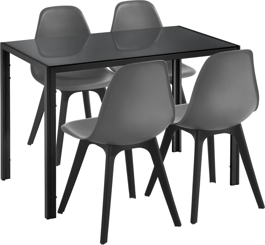 [en.casa] Set Xenia masa cu 4 scaune design, masa 105 x 60 cm, scaun 83 x 54 cm, sticla/metal/plastic, gri/negru