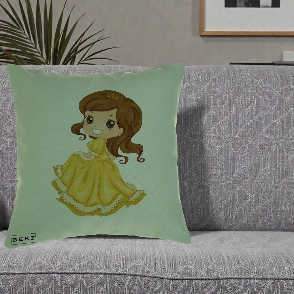 Perna Decorativa Printesa Bella Rochie Aurie, 40x40 cm, Verde, Husa Detasabila, Perna Inclusa, BEKZ®