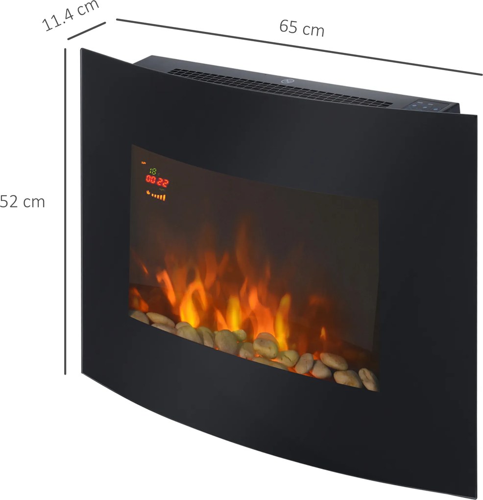 HOMCOM Șemineu Electric de Perete 900/1800W Încălzire cu Efect de Flacără 3D Reglabil, Șemineu Electric cu Lumină LED în 7 Culori, Telecomandă, Temporizator și Termostat, 30 m², Negru | Aosom Romania