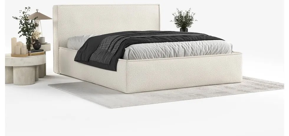 Pat matrimonial crem tapițat cu spațiu de depozitare cu somieră 180x200 cm Lounge L – Maison de Rêve
