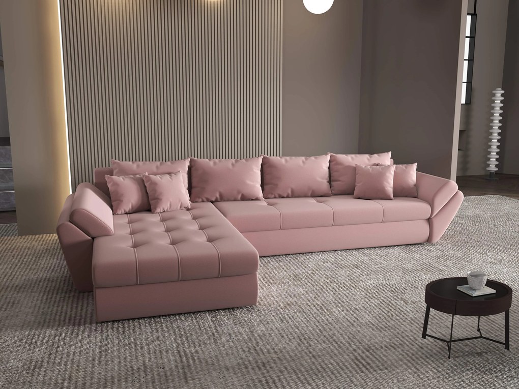 Colțar extensibil dumonde cu ladă de depozitare si sezut confortabil din spuma high-density, Loana XL Royal Roz 335x185 cm