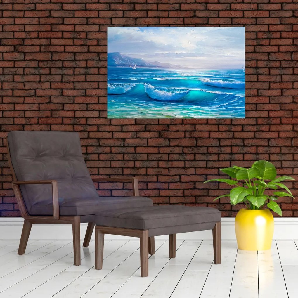 Tablou - Pictură în ulei de mare cu pescăruși (90x60 cm)