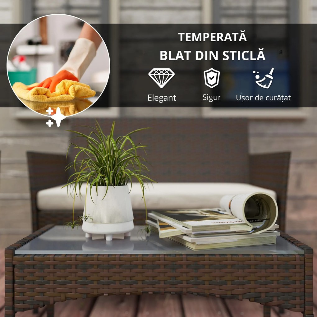 Outsunny Set Mobilier de Grădină din 4 Piese cu Canapea, 2 Fotolii și Măsuță de Cafea, 102x58x82 cm, Maro | Aosom Romania