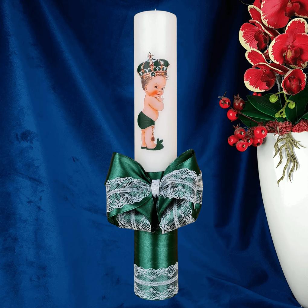 Lumanare botez decorata Print verde 7 cm, 30 cm