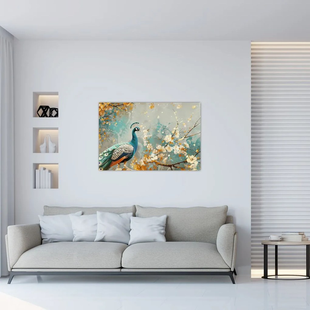 Tablou - Păun cu decor de aur (90x60 cm)