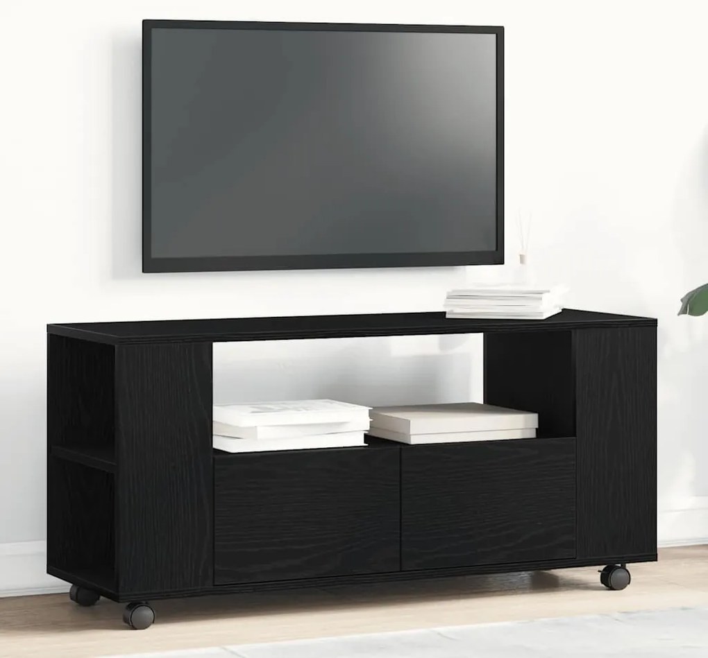 vidaXL Dulap TV cu roți stejar negru 102x34,5x43 cm lemn prelucrat