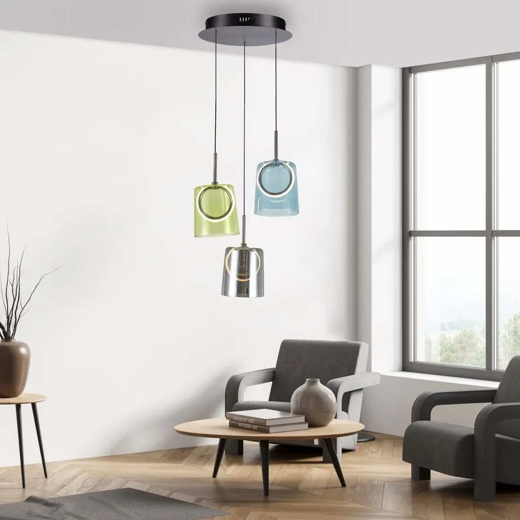 Lustra cu 3 pendule LED, inaltime reglabila, sticla, multicolor, Zula