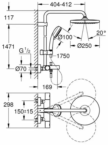 Coloana de dus cu baterie termostatata si pipa cada Grohe Tempesta Cosmopolitan 250