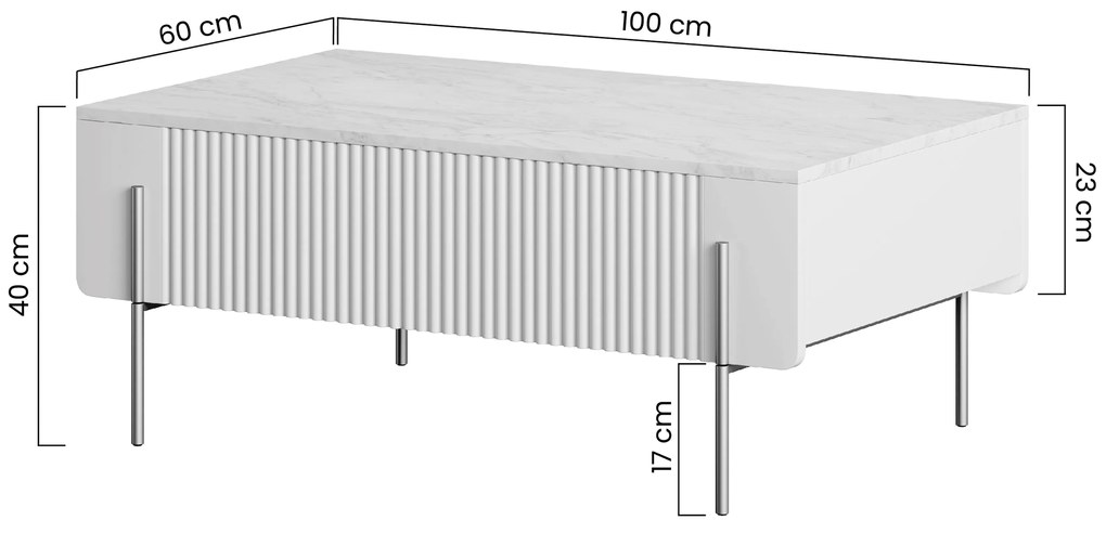 Masă cafea Malmi cu sertare și picioare metalice - cașmir / crem bianca / picioare negre