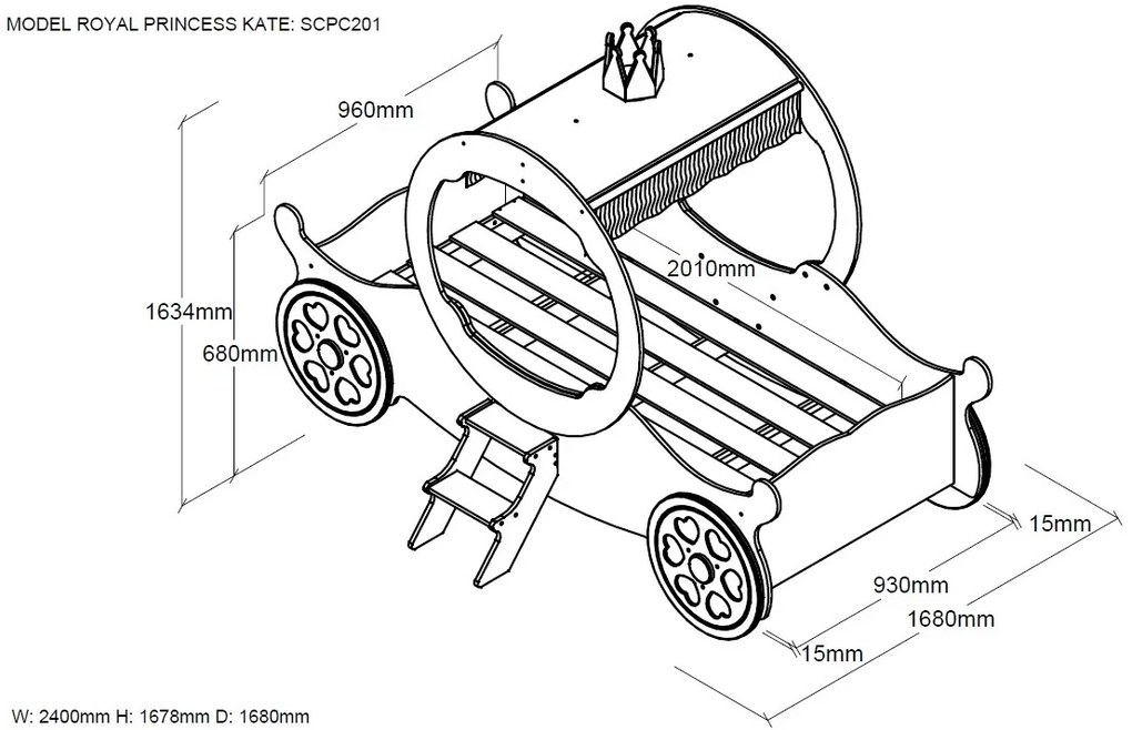 Set Pat Calească Royal Princess Kate și Saltea pentru Copii, 2 Piese, Roz (MDF) – Auto – Vipack