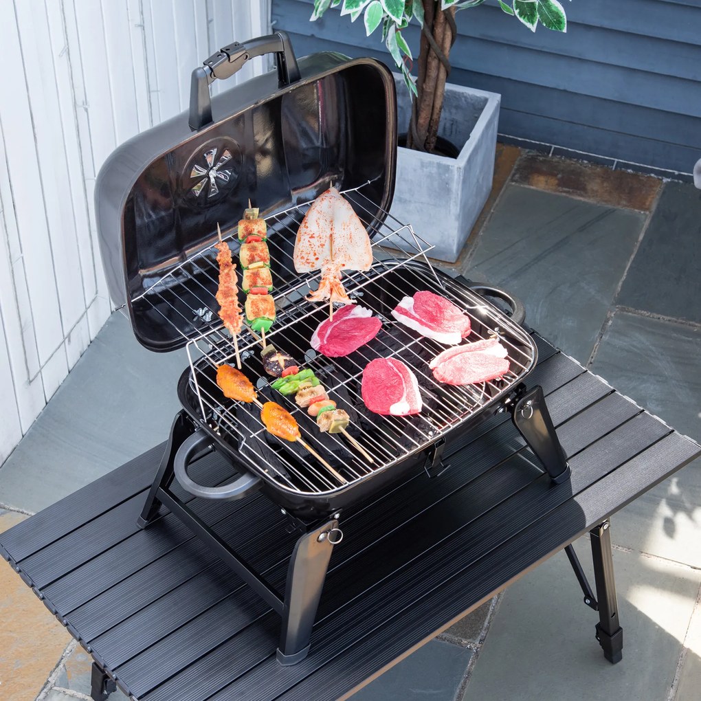 Outsunny Barbecue BBQ Grill de Masa cu Carbune Portabil Pliabil,Fier,Negru, 59x43x36cm