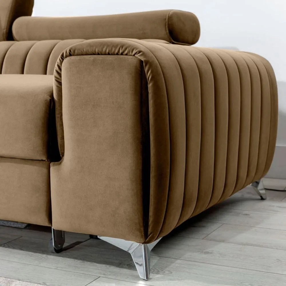 Colțar maro deschis extensibil/cu spațiu de depozitare cu tapițerie din catifea (cu colț pe partea stângă/cu șezlong) Grayson – ELTAP