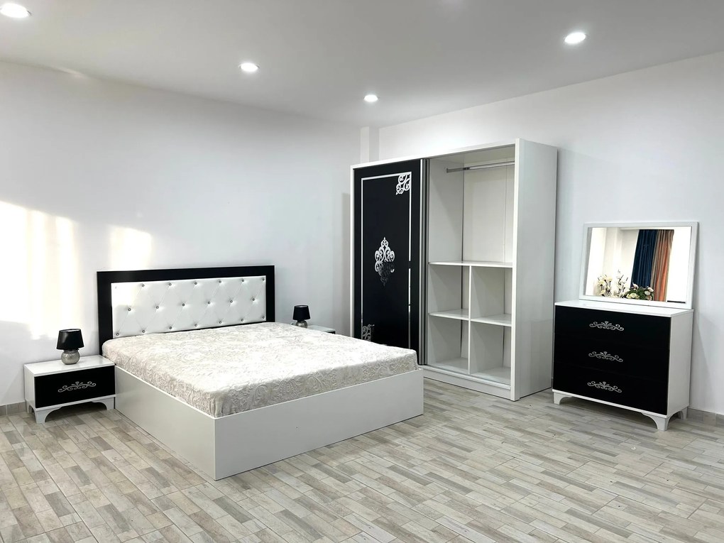 Dormitor Milano, culoare alb / negru, cu pat tapitat 160 x 200 cm, dulap cu 2 usi, comoda cu oglinda, 2 noptiere