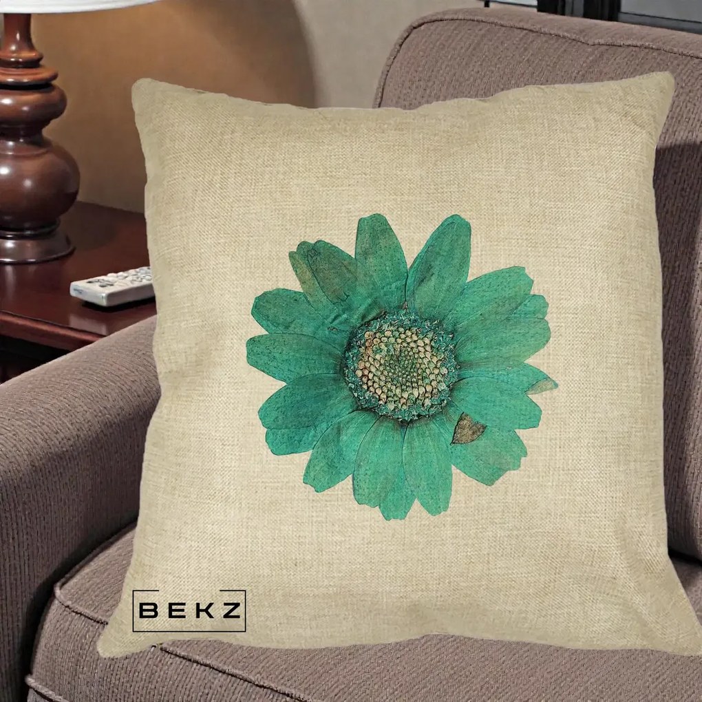 Perna Decorativa Floare Gerbera Teal Acuarela, 40x40 cm, Crem, Husa Detasabila, Perna Inclusa, BEKZ®