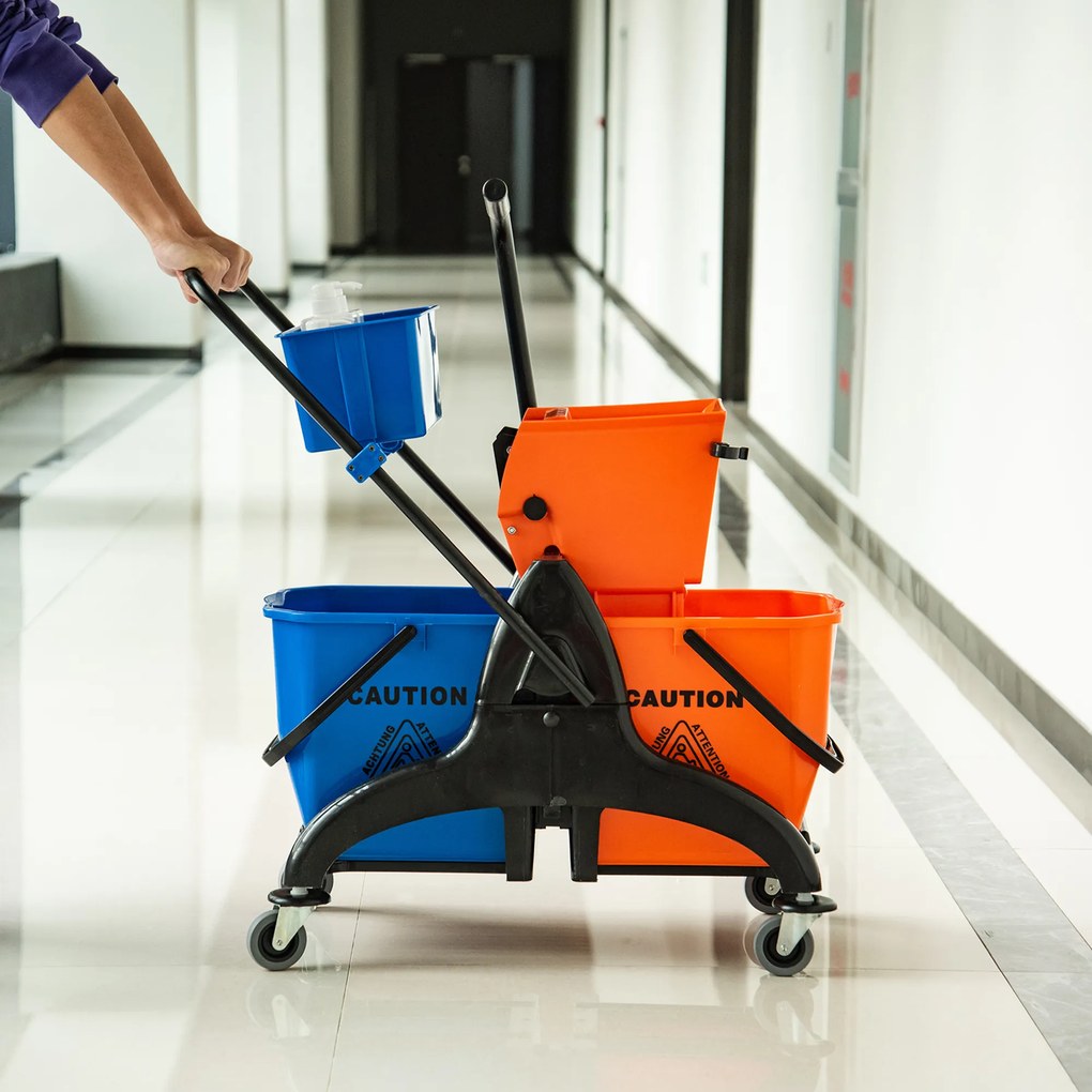 HOMCOM Cărucior Profesional de Curățenie cu 2 Găleți de 26L, Cărucior cu Presă, Mâner și 4 Roți Universale, pentru Hotel, Casă, Birou, 78x45x95 cm, Portocaliu și Albastru | Aosom Romania