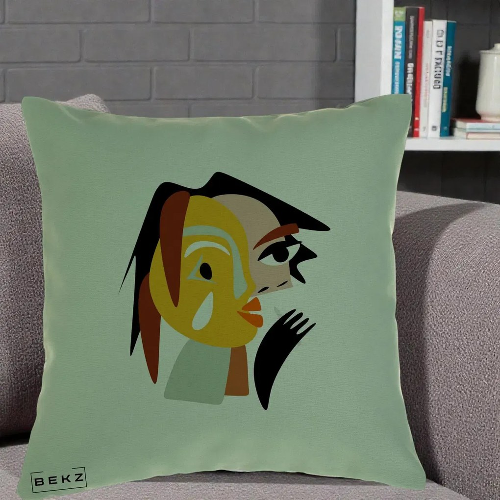 Perna Decorativa Portret Abstract Galben-Ocru, 40x40 cm, Verde, Husa Detasabila, Perna Inclusa, BEKZ®
