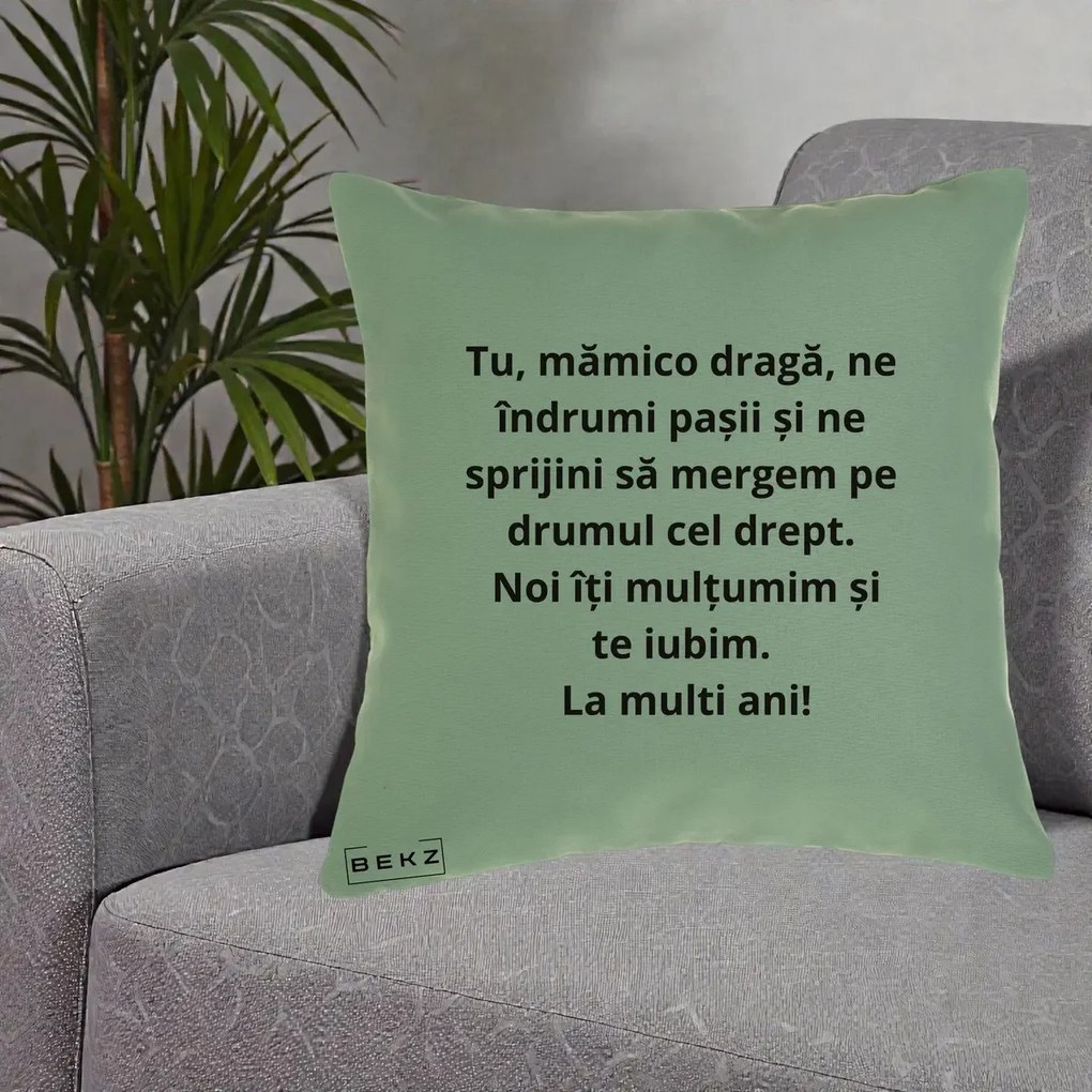 Cadou pentru Mama - Perna Personalizata Mamico Draga Te Iubim La Multi Ani cu Text Negru, 40x40 cm, Verde, Husa Detasabila, Perna Inclusa, BEKZ®