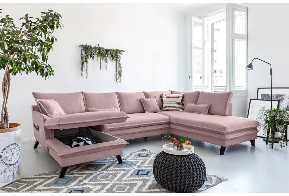 Canapea extensibilă în formă de „U” cu șezlong pe partea dreaptă Miuform Charming Charlie, roz pudră