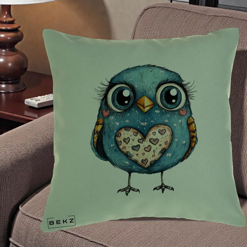 Perna Decorativa Bufnita Albastra cu Inimioare, 40x40 cm, Verde, Husa Detasabila, Perna Inclusa, BEKZ®