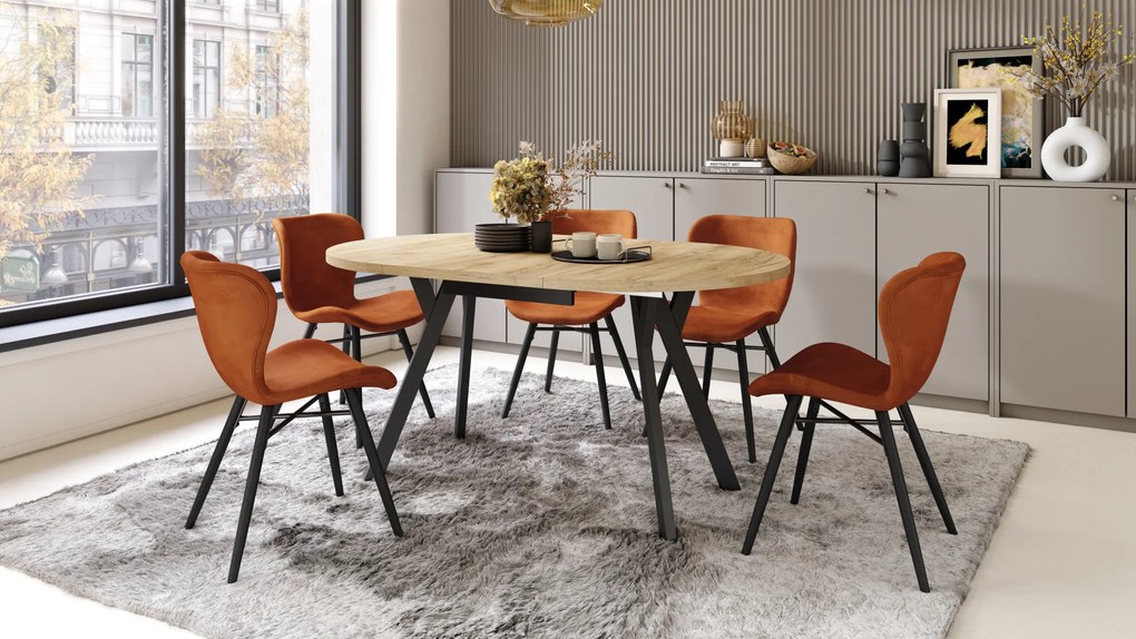 Mazzoni ALDO Stejar Craft Auriu/picioare negre - MASĂ ROTUNDĂ EXTENSIBILĂ CU PICIOARE ÎN FORMĂ DE "Y" STIL LOFT PENTRU SALON/SUFRAGERIE