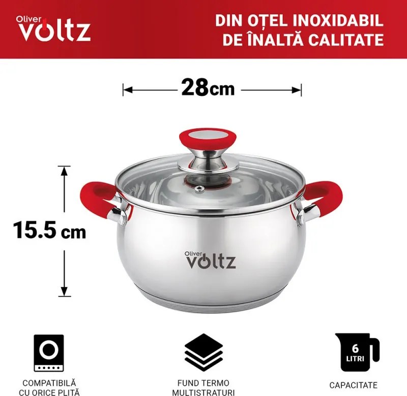 Oala Oliver Voltz OV51210N28, 28 cm, 10.45 L, Inductie, Manere din silicon, Inox/Roşu