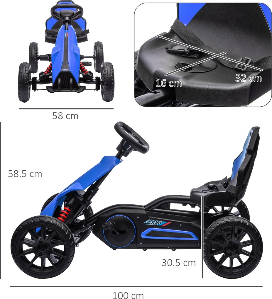 Kart cu pedale pentru copii cu vârsta de 3-8 ani cu scaun reglabil în 4 poziții și roți EVA, 100x58x58,5cm, albastru-negru HOMCOM | Aosom Romania