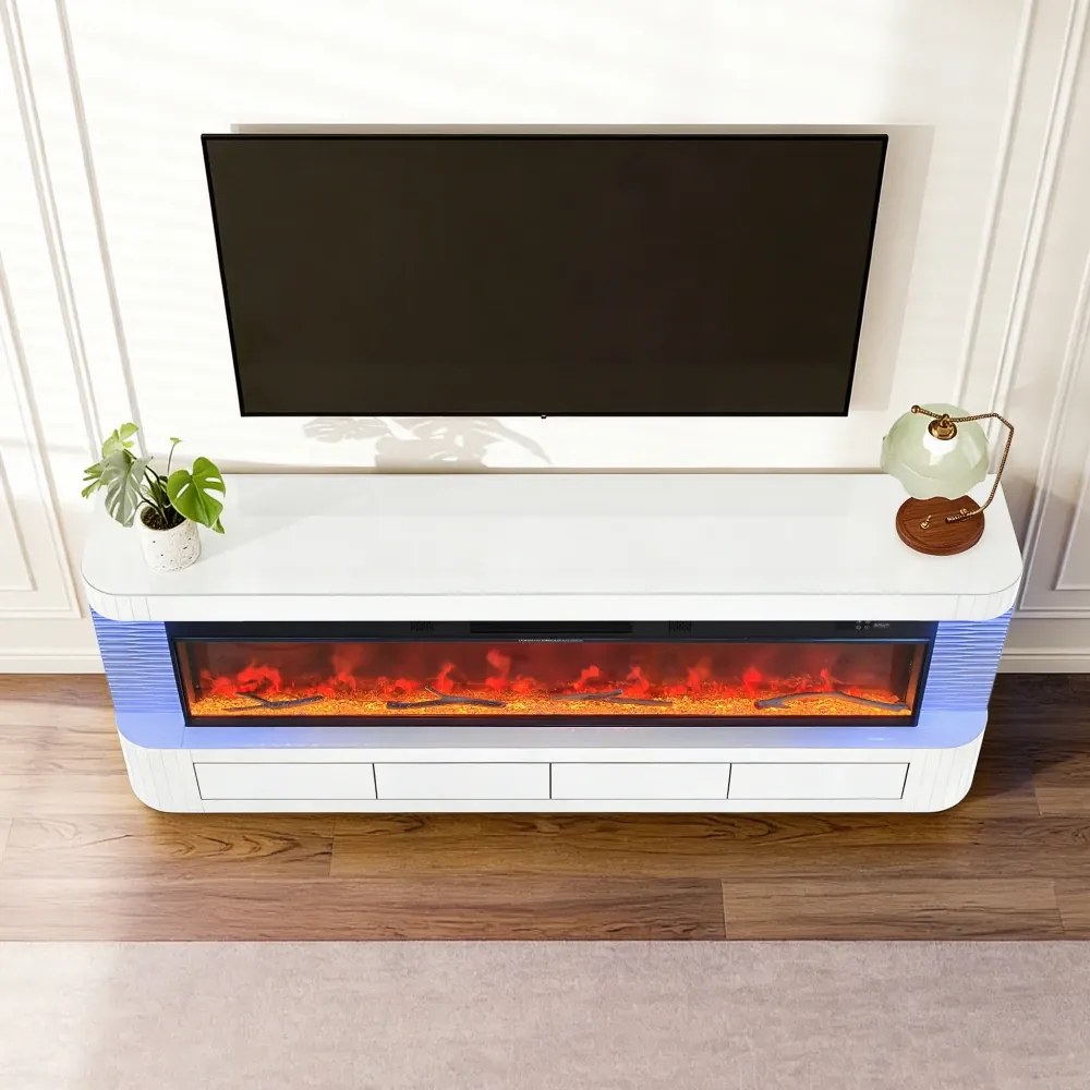 Șemineu Electric cu Flacără LED în 7 Culori, Comodă TV, Încălzire, Bluetooth, Difuzoare Integrate, Iluminare LED Ambientală, Telecomandă, MDF, Finisaj Alb Oglindă