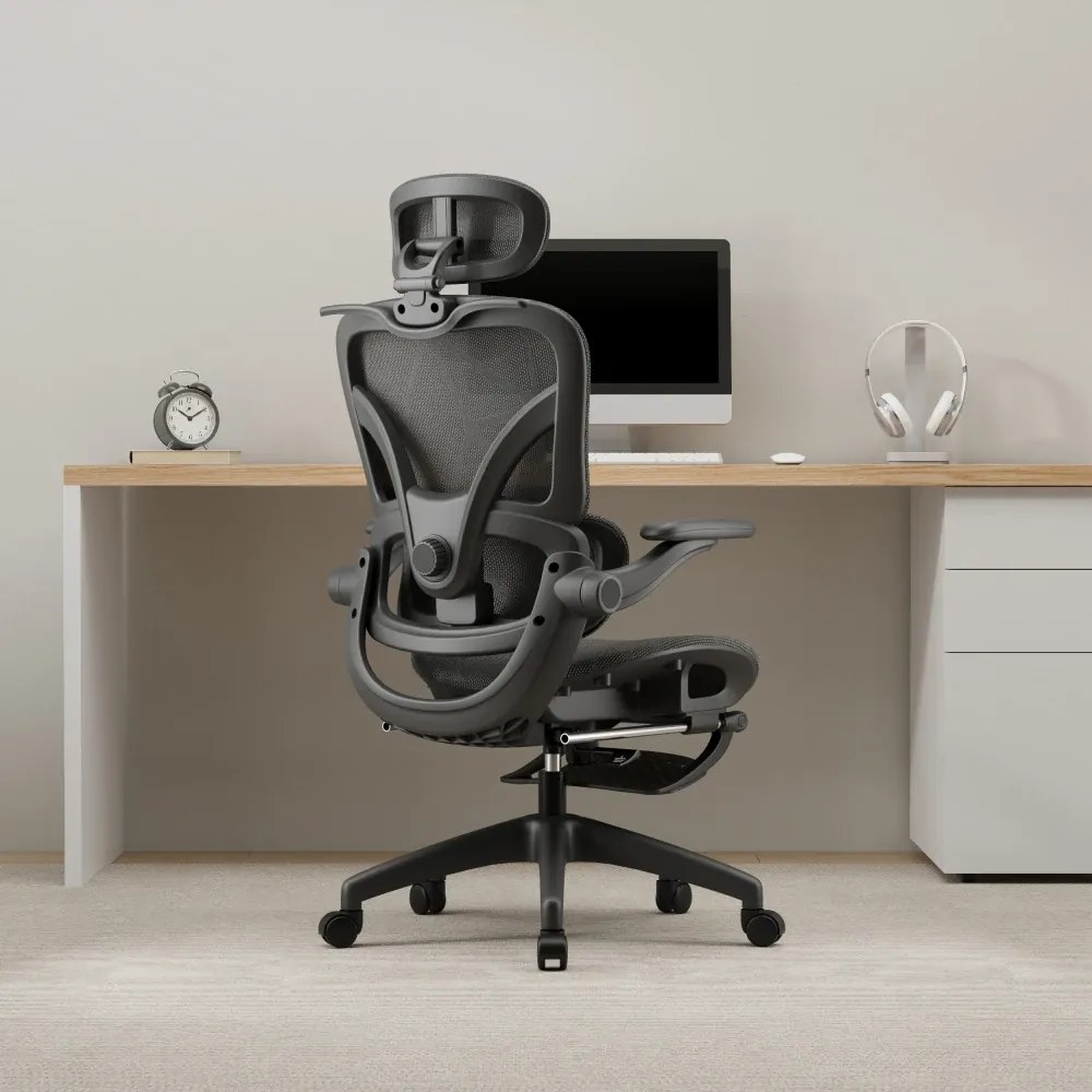 ErgoVision Pro – Scaun Ergonomic, Suport Lombar Reglabil, Umeras, Cotiere Rabatabile, Suport pentru Picioare, Mesh, Negru