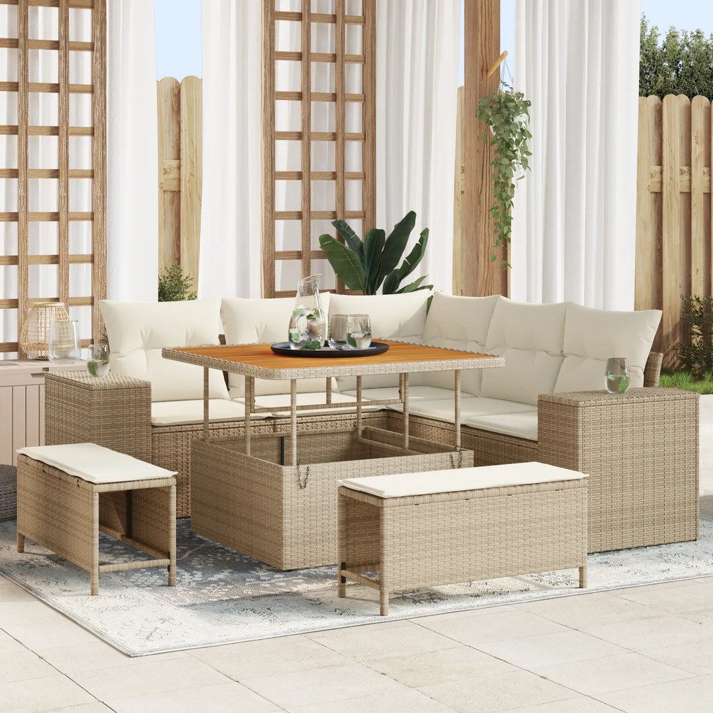 vidaXL Set canapea grădină 8 piese cu perne, Bej, Ratan Polimeric, Acacia