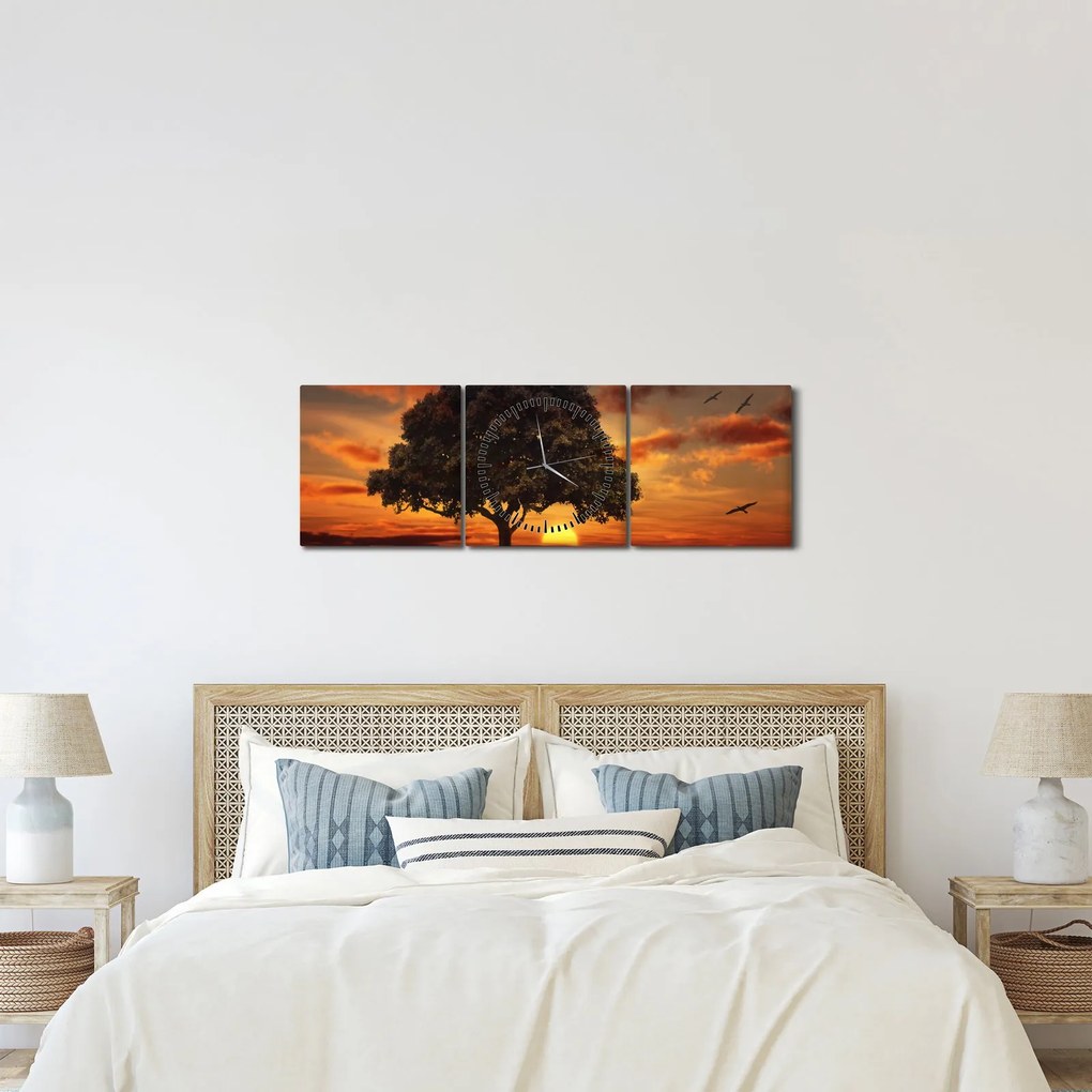 Tablou cu pomi și apus de soare (cu ceas) (90x30 cm)