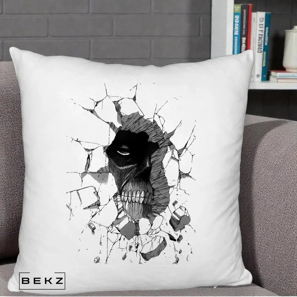 Perna Personalizata Attack on Titan Titan Crapand Zidul, 40x40 cm, Alb Pufos, Husa Detasabila, Perna Inclusa, BEKZ®