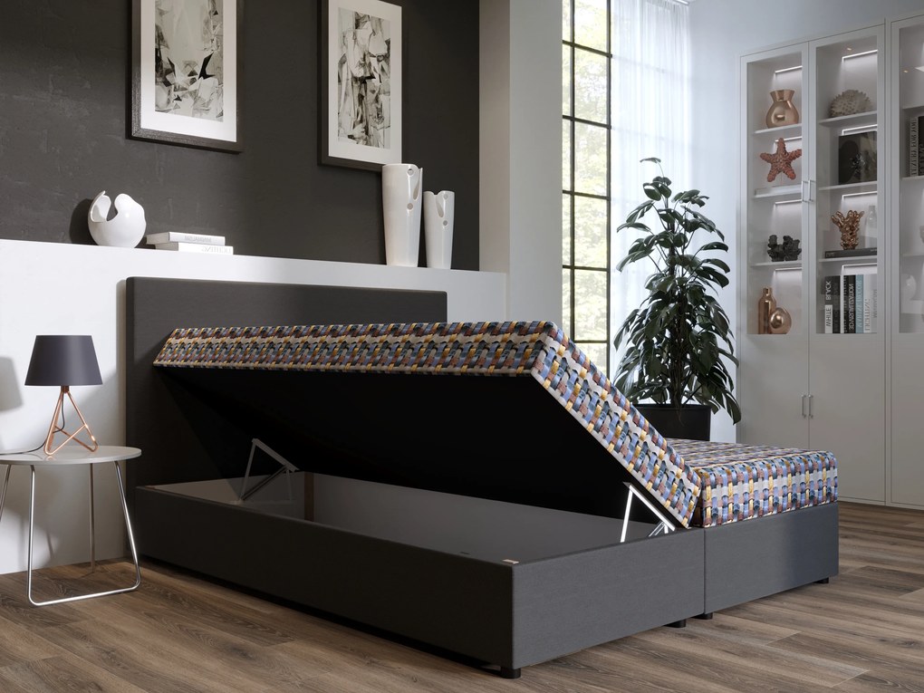 Pat matrimonial Boxspring 140 cm Skonto (gri deschis + motiv tricotat) ( cu saltea și sp. depozitare). 1047347