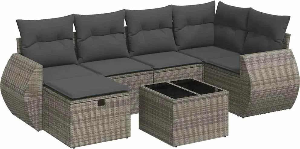 vidaXL Set canapele de grădină, 7 piese, cu perne, gri, poliratan