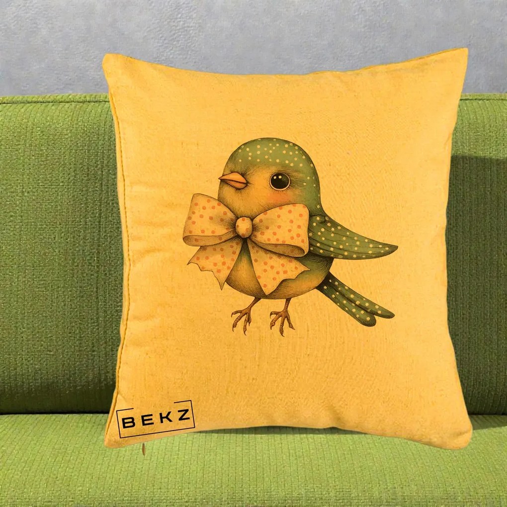 Perna Decorativa Pasare Teal cu Fundita cu Buline, 40x40 cm, Galben, Husa Detasabila, Perna Inclusa, BEKZ®