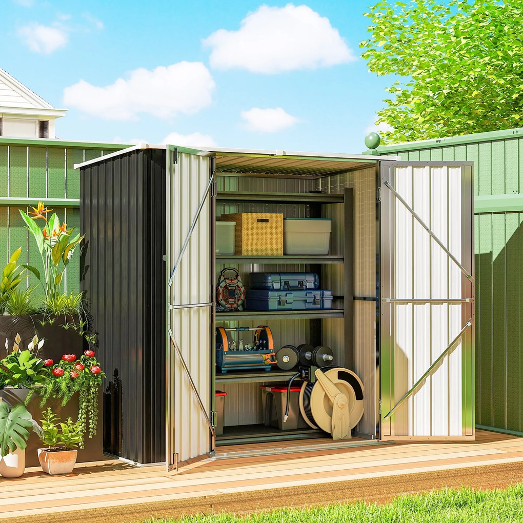 Outsunny Șopron Metalic Exterior pentru Grădină 1,37 m² 163x89x163 cm cu Acoperiș Înclinat, Uși cu Bolt și Mănuși, Gri | Aosom Romania